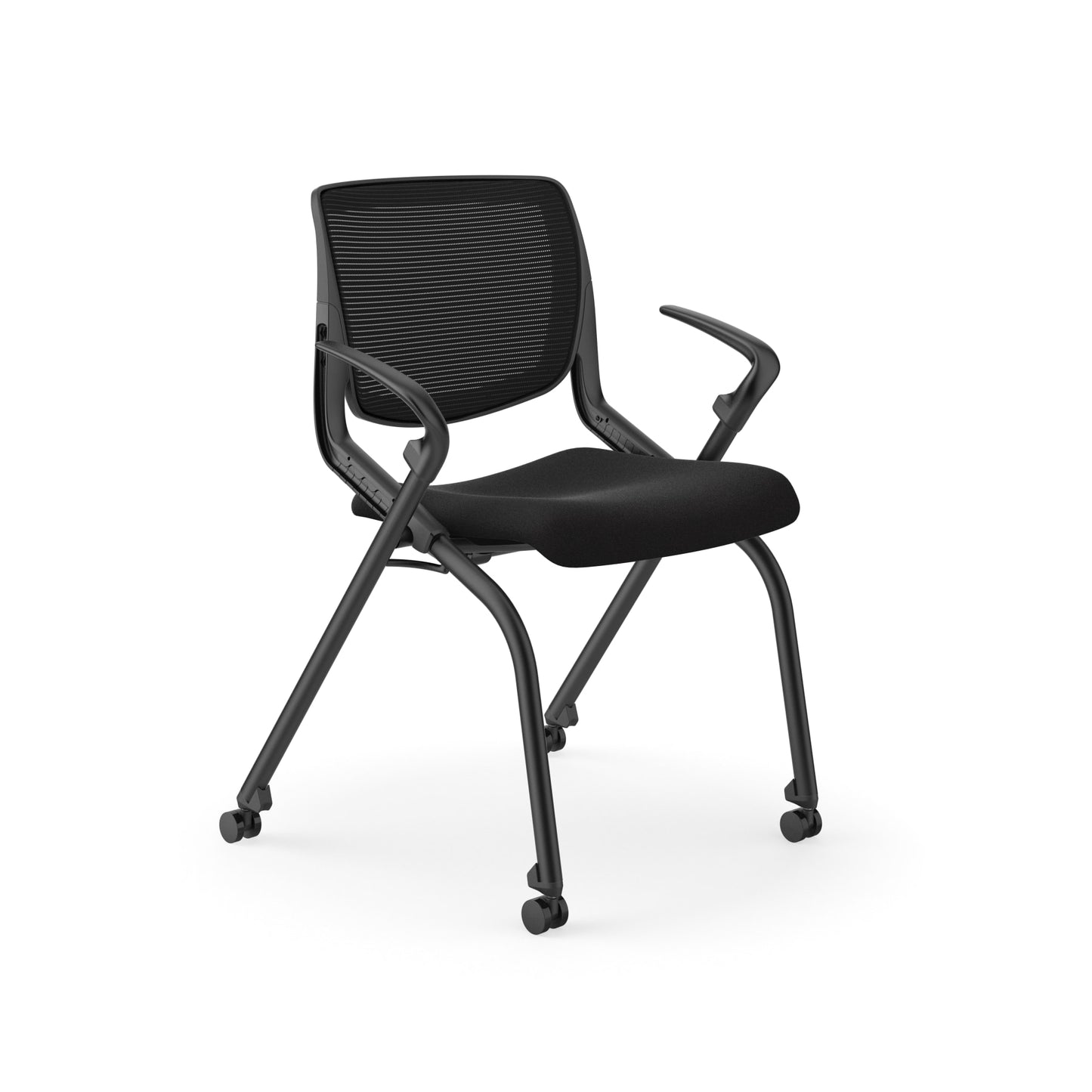 HON Motivate Nesting Stacking Chair | Black 4-way Stretch Back | Fixed Arms | Soft Casters